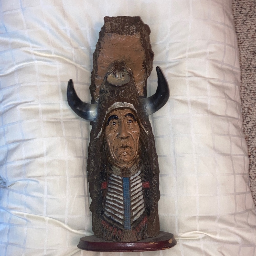 Native American Carved Figurine with Buffalo Headdress